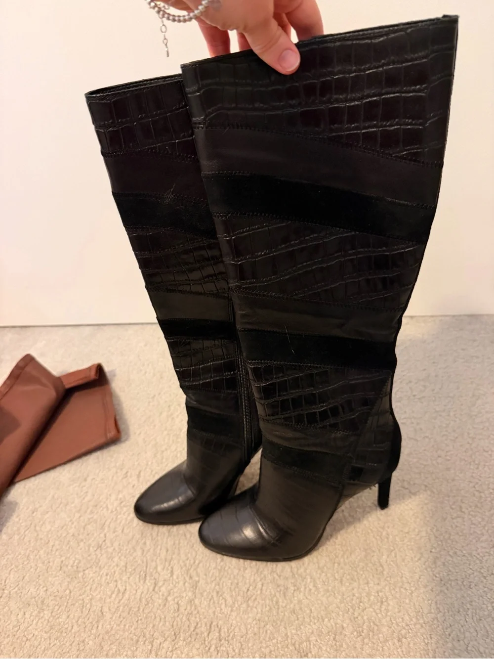 Vince Camuto Women's Black Knee-High Patchwork Leather Boots